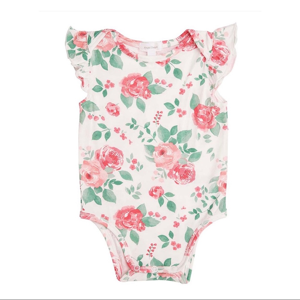 Angel Dear Pink and Green Rose Garden Angel Sleeve Bodysuit